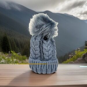 Time and Tru Cable Knit Beanie Winter Hat Faux Fur Pom Blue One Size New